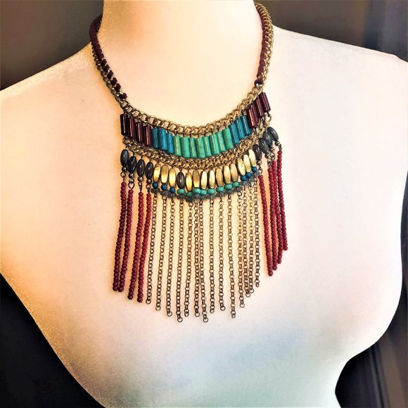 Rare Vintage Tribal Theme Beaded Fringes Colorful Necklace - Picture 2 of 4